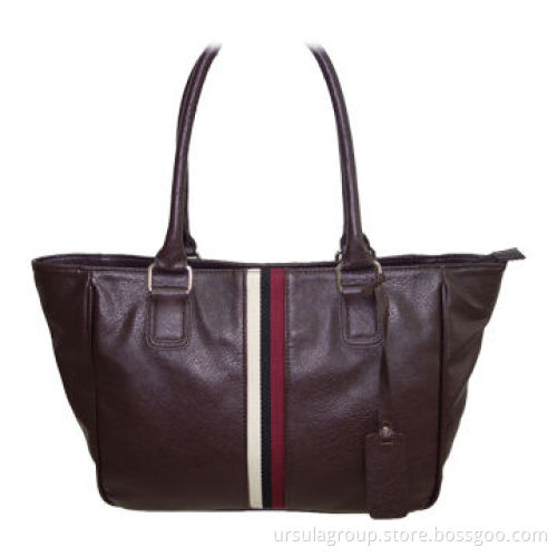 Tote bag with one colorful stripe webbing on body and one hanging decoration hanged on handle